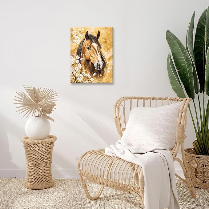 Horse Wall Art Canvas Rustic Horse Wall Decor Prints Framed Painting Farmhouse Flower Pictures Gifts Artwork for Bathroom Living Dining 12"x16"