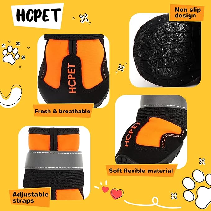 Hcpet Dog Shoes, Dog Boots for Small Dogs, Waterproof Medium Dog Booties Paw Protector for Summer Hot Pavement, Winter Snowy Day, Outdoor Walking, Indoor Hardfloors Anti Slip Sole Orange Size 2