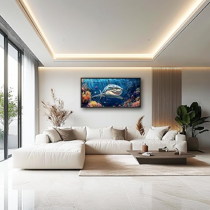 Large Ocean Shark Wall Art for Living Room, Framed Oversized Shark Fish Wall Decor Underwater Marine Life Canvas Painting Modern Artwork for Living Room Bathroom Bedroom Office Dining Room 60"x30"