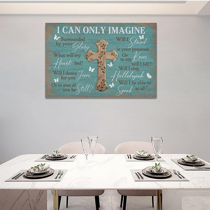 Rustic Christian Cross Wall Art I Can Only Imagine Pictures Farmhouse Butterfly Wall Decor Teal Motivational Canvas Print Painting Artwork for Bathroom Living Room Bedroom 16"x24"