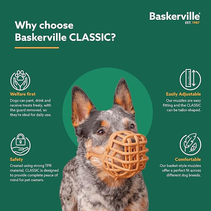Baskerville Classic Basket Muzzle - Dog can Pant and Drink, Prevents Biting and Food Waste Scavenging, Strong TPR, Ideal for Longer Nosed Dogs, Breathable Dog Training Muzzle for Medium Dogs (Size 6)