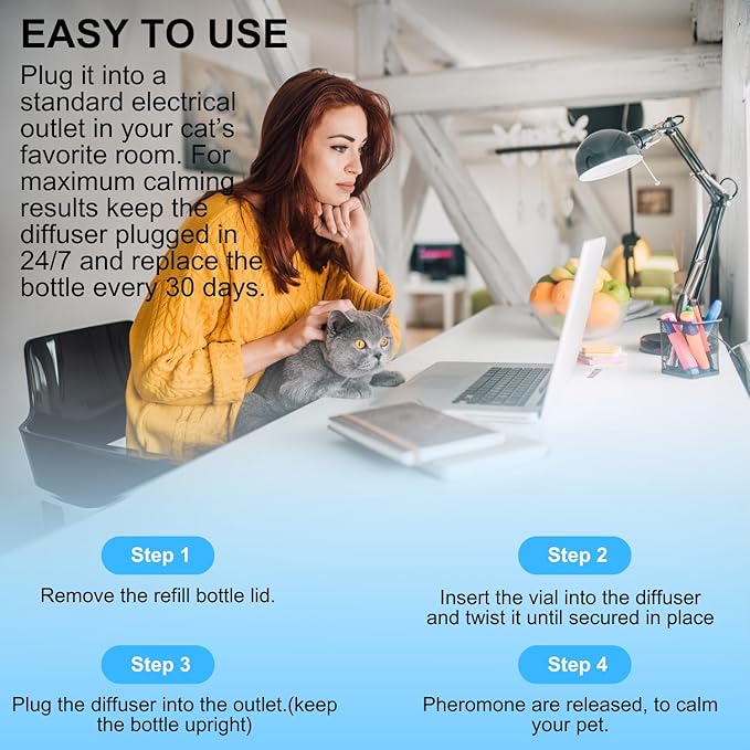 Cat Calming Diffuser Kit for Cat Anxiety Relief, 3-in-1 Cat Pheromone Diffuser Kit with 1 Diffuser +2 Refill 48ml Vial for 60-Day Use, Reduces Separation Anxiety, Aggression, and Stress