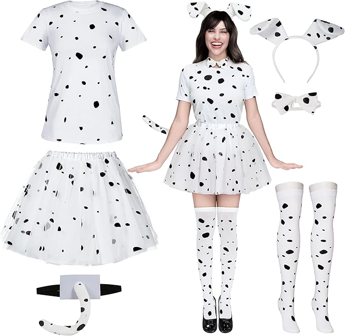 Spooktacular Creations 6 Pcs Halloween Women Dalmatian Dog Costume Set, Dalmatian Puppy Costume for Adult Women