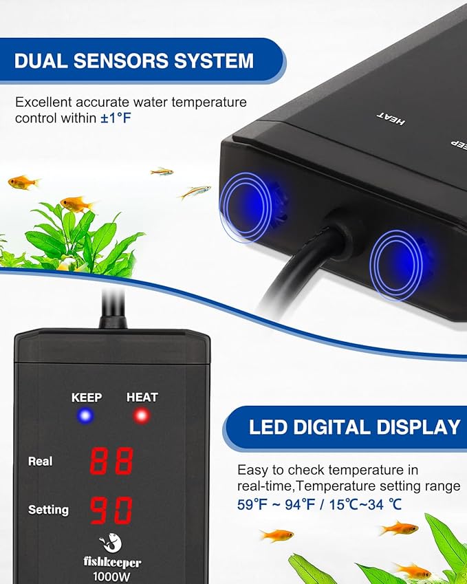 fishkeeper 800W Submersible Aquarium Heater – Ultra-Safe Digital Fish Tank Heater for 80-230 Gallon, Leaving Water Auto Power-Off, PID Intelligent Fast Heating, 59°F-93°F Accurate Temperature Control