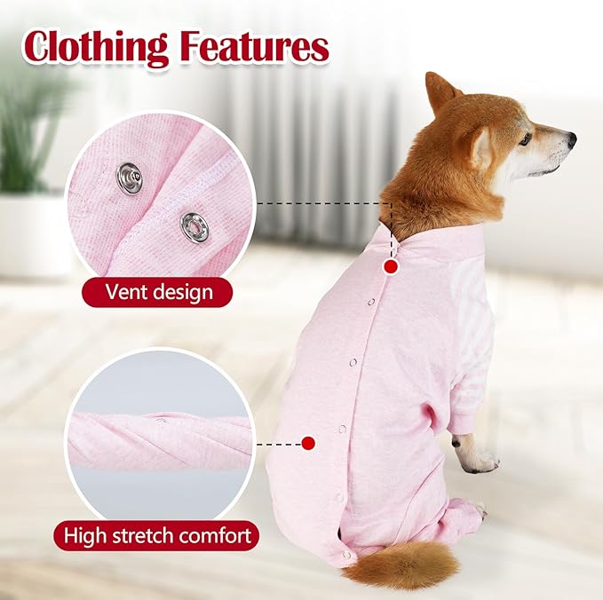 Dog Recovery Suit, Abdominal Wound After Surgery Wear, Anti Licking Bodysuit with Snaps, E-Collar & Cone Alternatives, Striped Dog Spay Surgical Pajamas Prevent Shedding(Large, Pink)