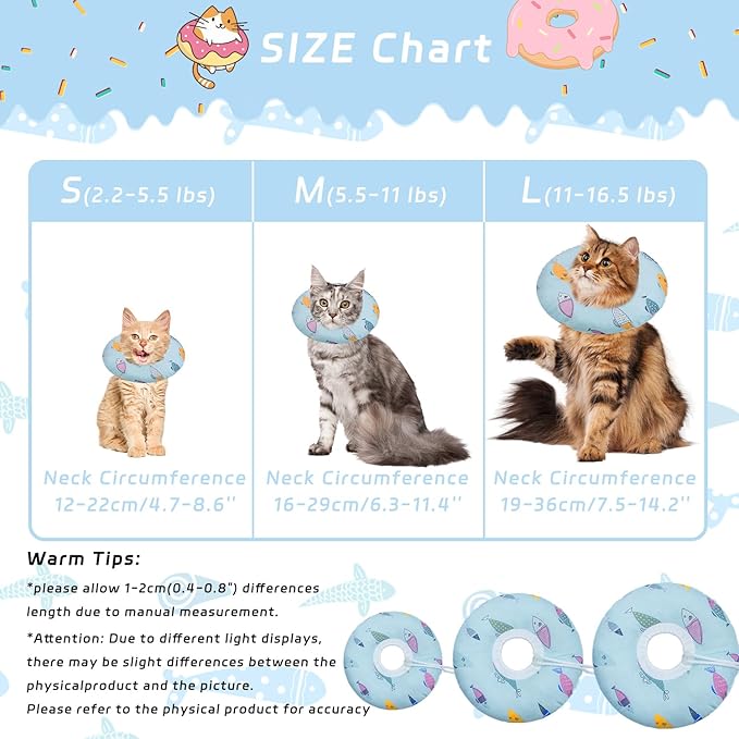 Cat Cone Collar Soft, Spay Soft Cones to Stop Licking, Cat Neck Donut Pillow After Surgery, Spay Cones for Kittens, Soft Recovery Cone for Cats, Elizabethan Kitten Cones (Blue Fish, Medium)