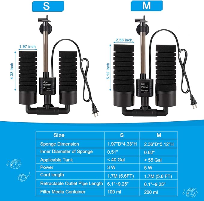 AQQA Aquarium Sponge Filter, Power Driven Double Biochemical Water Filter, Quiet Submersible Foam Filter with 2 Extra Sponges, 1 Bag of Filtered Ceramic Balls for Fresh and Salt Water Fish Tank (S)