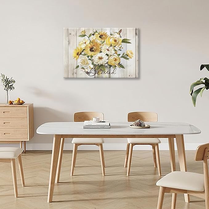 Sunflower Bathroom Pictures Wall Art, Simple Blessed Floral Bathroom Wall Decor, Flower Framed Painting Canvas Artwork for Bedroom Living Room Decorations 24"L x 16"W