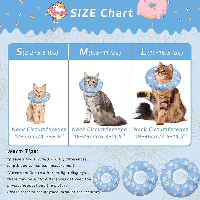 Cat Cone Collar Soft, Adjustable Cat Recovery Collars Kitten Cones to Stop Licking, Cute Donut E Collar After Surgery, Anti-Lick Wound Healing Elizabethan Collar for Kitten(Blue Daisy, Medium)