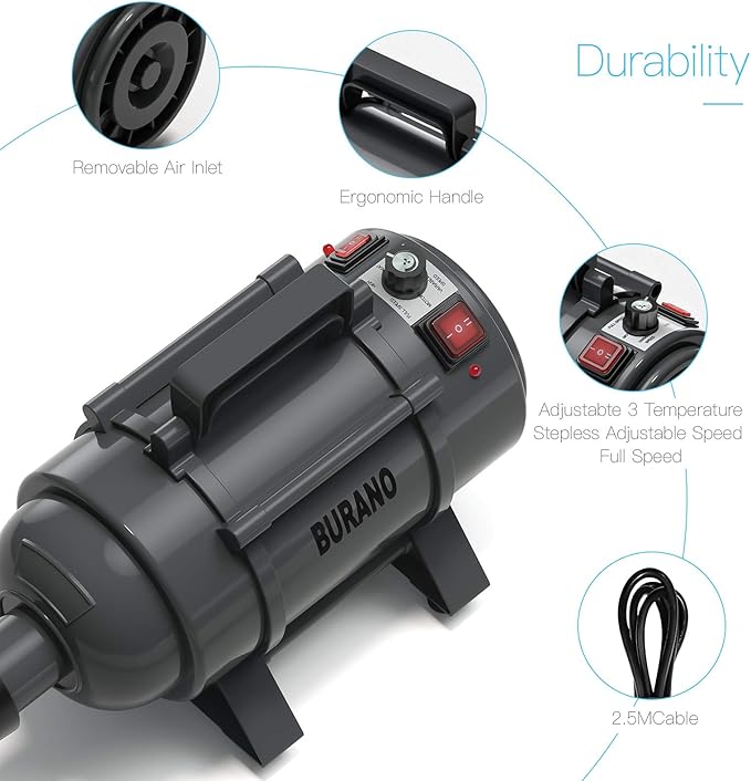 Burano Dog Dryer, High Velocity Pet Hair Dryer, 4.3HP Stepless Adjustable Speed Dog Hair Force Dryer, Powerful Pet Blower with Heater