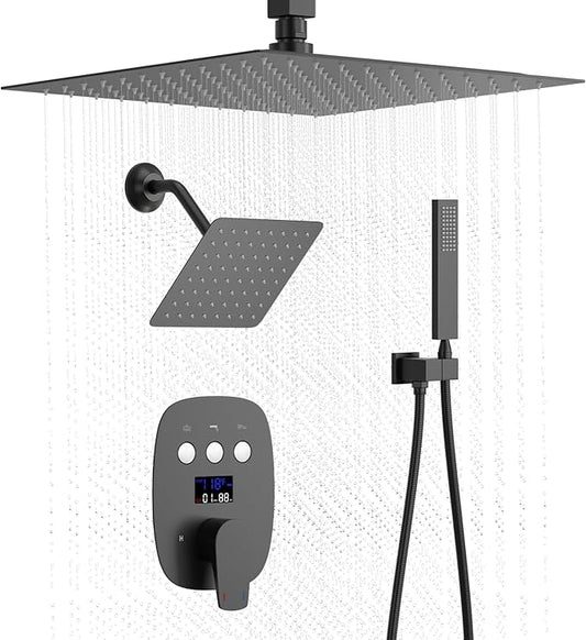 Shower Faucet Set Matte Black Temperature Display Shower System, Push Button Shower Faucet with Dual Rain Shower Head(12 inch+8 inch), and Handheld Shower