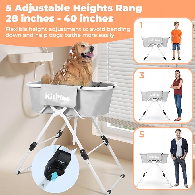 Elevated Dog Bathtub, 5 Height Adjustable Portable Dog Wash Station for Small to Large Pets, Foldable Bathing Tub with Storage & Anti-Slip Design Gray