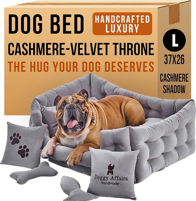 Luxury Dog Bed Chesterfield – Handcrafted Velvet Throne for Dogs | Joint Support, Calming & Temp-Regulating Comfort | Durable 5+ Years, Anti-Claw, Washable 100+ Times – L, Gray