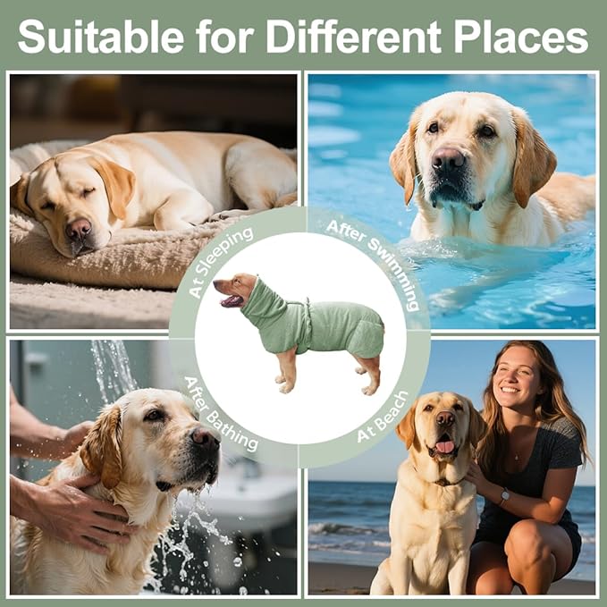 Medium to Large Size Dog Bathrobe, Quick Drying Super Absorbent Used for After Bathing, Warm Dog Towels, Adjustable Hoodies and Belts for Pet Dogs Bath Clothes Products (Green Jacquard, 3XL)