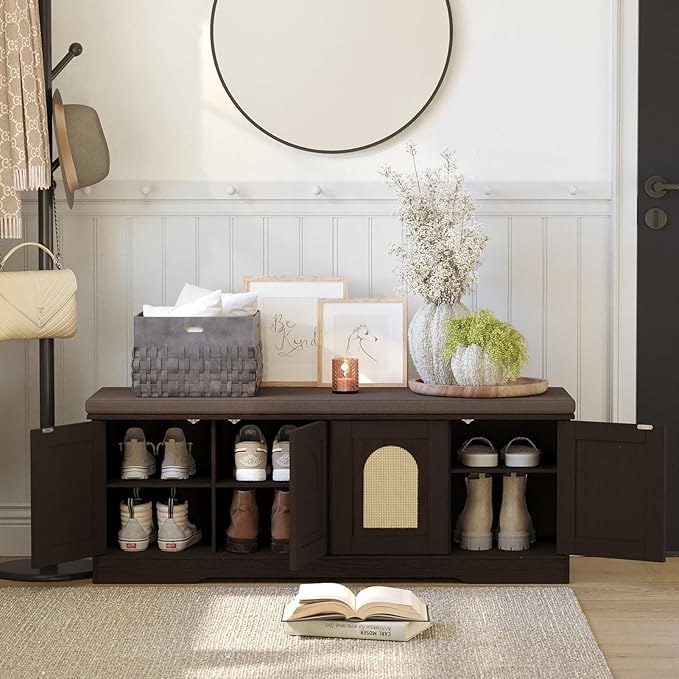 DINZI LVJ Shoe Bench, Entryway Storage Bench with Doors, Cushion, 2-Tier Shoe Rack with 8-Cubby, 47.2”L x 13.8”W Shoe Organizer Cabinet, Adjustable Shelf, Living Room, Bedroom, Espresso with Rattan