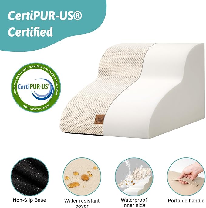 Dog Stairs for Small Dogs 11.8" H, Pet Step with Leakproof Cover, High Density Foam Cat Ramp for Chair or Sofa, Lightweight, Durable, Comfort, 15.7x19.7x11.8 inch, 2 Tiers, Beige