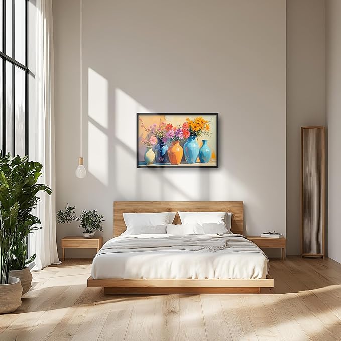 Large Colorful Floral Wall Art for Living Room, Framed Oversized Asian Flower Vase Decor Canvas Painting Sunlight Pictures Modern Artwork for Bathroom Bedroom Office Dining Room 36"x24"