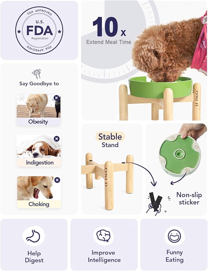 LE TAUCI Ceramic Slow Feed Dog Bowls, Elevated for Small Breeds, Anti-Gulping, Non-Slip, 6 inch, Green