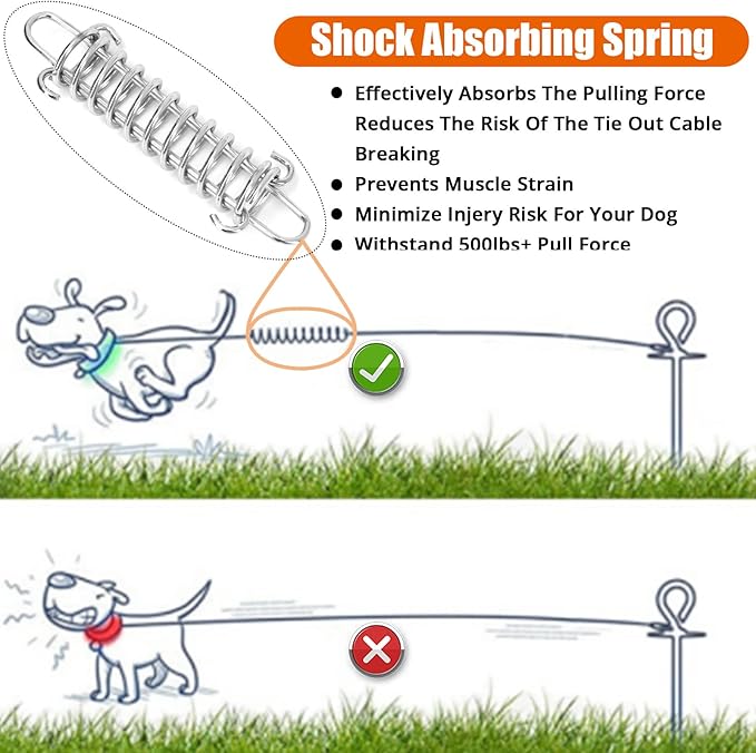 Jenico Dog Tie Out Cable, 10/15/20/30/40/50/70/100/150FT Runner Cable with Swivel Hook and Shock Spring, Yard and Camping Dog Leash Run Tether, Small to Medium Pets Up to 500 LBS