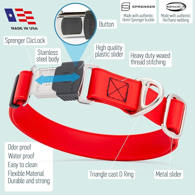 Dogline Biothane Waterproof Dog Collar with Herm Sprenger Stainless Steel Quick Release Buckle – Heavy Duty Tactical Durable Collar for Dogs – Comfortable and Safe Pet Collar, W 1" L 15-25", Red