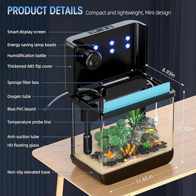 Fish Tank 2.2 Gallon Fish Bowl with Humidifier 7 Color Auto-Looping Light 3 in 1 Quiet Pump with Filteration & Oxygenation & Circulation, Temperature Display, HD Float Glass, Thickened Base