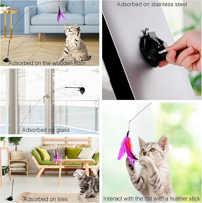 Cat Feather Toys Interactive Cats - Dorakitten Cat Powerful Suction Cup Handheld Teaser Wand Toy and 5PCS Replacement Feather with Bell for Kitty Kitten Scratching Exercise Indoor