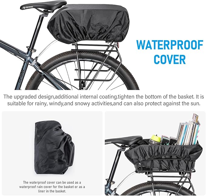 CXWXC Rear Bike Basket - Bicycle Rear Basket with Cargo Net and Waterproof Cover - Rear Mount Aluminium Bike Basket Large Capacity