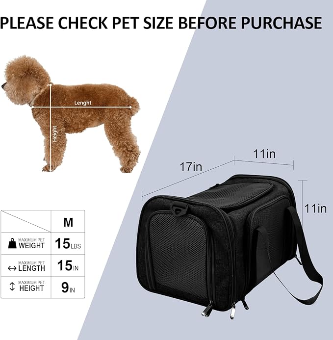 Cat Carriers Dog Carrier Pet Carrier for Small / Medium Cats Dogs Puppies (Up To 15lbs), TSA Airline Approved Small Dog Carrier Soft Sided, Collapsible Waterproof Travel Puppy Carrier -Black