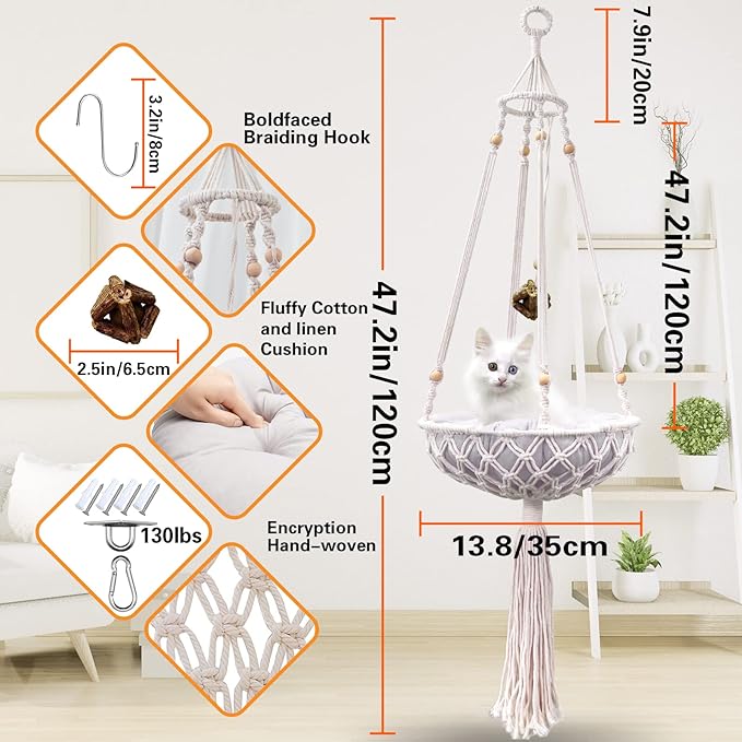 Macrame Hammock, Handwoven Boho Cat Swing with Hanging Kit for Indoor Outdoor Home Decor Hang on Wall Bed for Sleeping, Playing, Climbing and Lounging