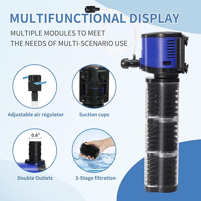 TARARIUM Aquarium Filter 260GPH for 30-55 Gallon Fish Tank, Biochemical Quiet Submersible Internal Filtration Powerful Pump Air Supply Wave Maker 4 in 1, Saltwater & Freshwater Crystal Clear