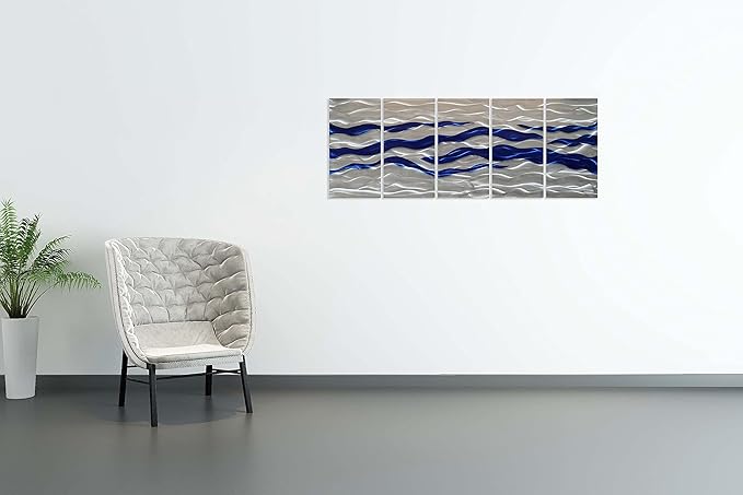 SYGALLERIER Abstract Coastal Metal Wall Art Handcrafted Big 3D Blue and Silver Artwork Modern Sea Waves Pictures Contemporary Sculpture for Living Room Bedroom Bathroom Decor