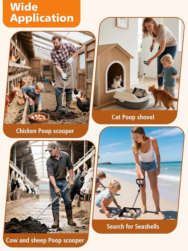 Chicken Poop Scooper with Ergonomic D-Grip 64" Long Handle 4 Sections Adjustable Stainless Steel Chicken Coop Scooper for Sand Sifting Shovel Farm Beach Garden Yard Waste Litter Pooper Cleaning Tools