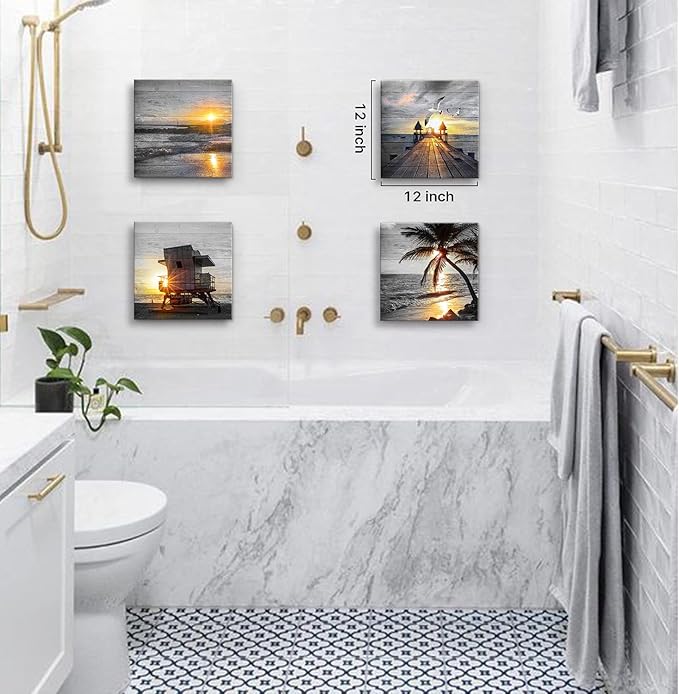 Yxbhhym- Bathroom Wall Art Black and White Gold Beach Wall Art Ocean Canvas Print Sunrise Sunset Seascape Scenery Painting Poster Framed Picture Bedroom Wall Decor Living Room Office Wall Decoration