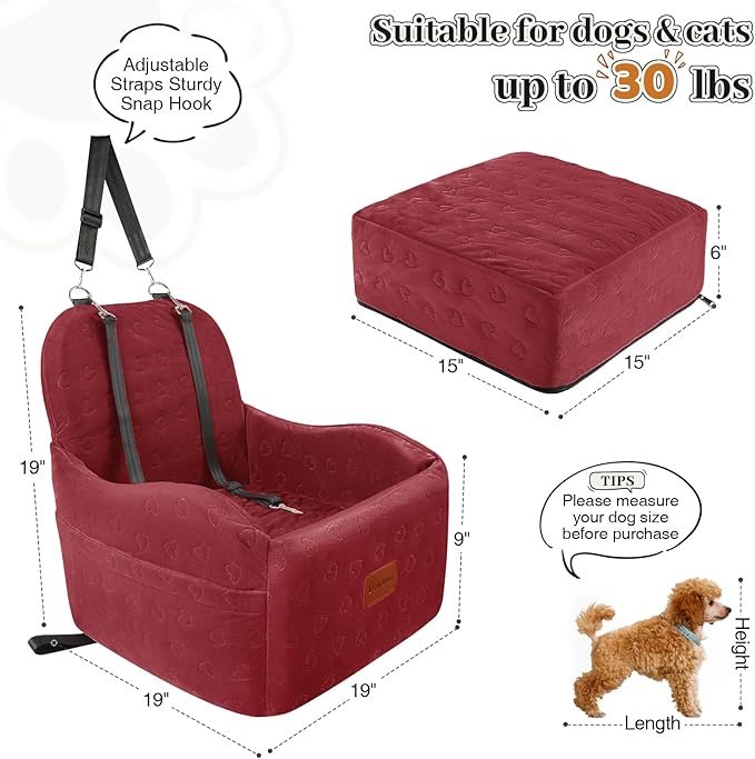 Dog Car Seat for Small/Medium Dogs,6in Elevated Cushion,Fits in Front/Back Seat,Fully Detachable and Washable,2 Storage Pockets,Easy to Install (Red, Medium)