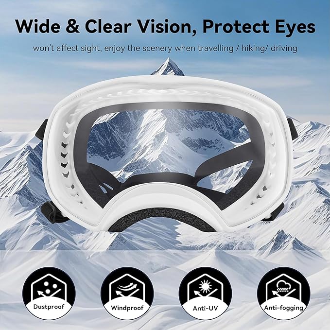 Dog Sunglasses UV Protection Clear Dog Goggles Windproof Glasses with Elastic Straps for Medium-Large Breed, White Frame + Clear Lens