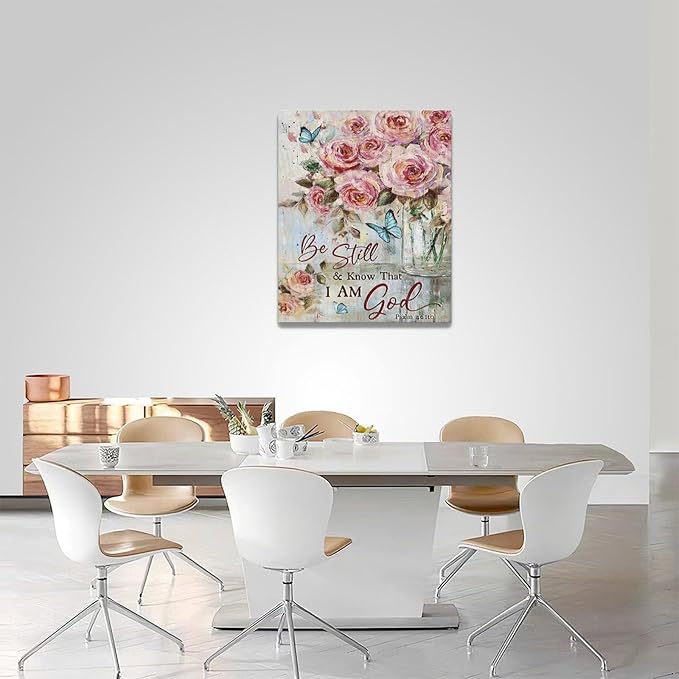 Farmhouse Rose Wall Art Christian Scripture Pictures Pink Rose Wall Decor Rustic Floral Butterfly Canvas Print Painting Artwork for Bathroom Living Room Bedroom 16"x20"