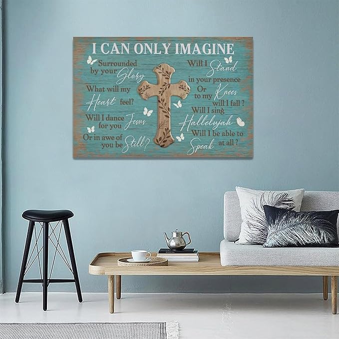 Rustic Christian Cross Wall Art I Can Only Imagine Pictures Farmhouse Butterfly Wall Decor Teal Motivational Canvas Print Painting Artwork for Bathroom Living Room Bedroom 16"x24"