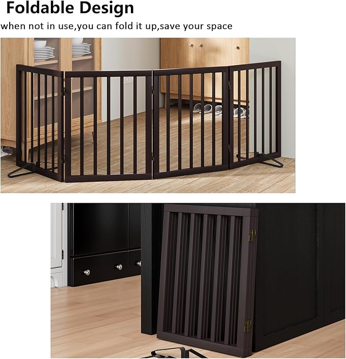 Wooden Dog Gate Freestanding Foldable 4 Panel Pet Gates Extra Wide Dog Gates for Indoor Doorways Stairs 24in Height Support Feet Included