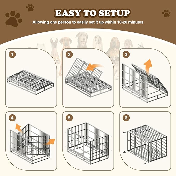 Dog Crate with Removable Tray, 37/42/46 Inch Indestructible and Escape Proof Steel Dog Cage Kennel for High Anxiety Dogs, Heavy Duty Dog Crate with Wheels, Double Door, Extra Large XL XXL