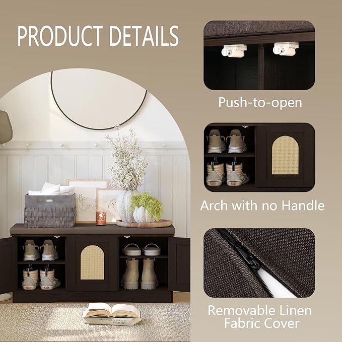 DINZI LVJ Shoe Bench, Entryway Storage Bench with Doors, Cushion, 2-Tier Shoe Rack with 6-Cubby, 39.4”L x 13.8”W Shoe Organizer Cabinet, Adjustable Shelf, Living Room, Bedroom, Espresso with Rattan