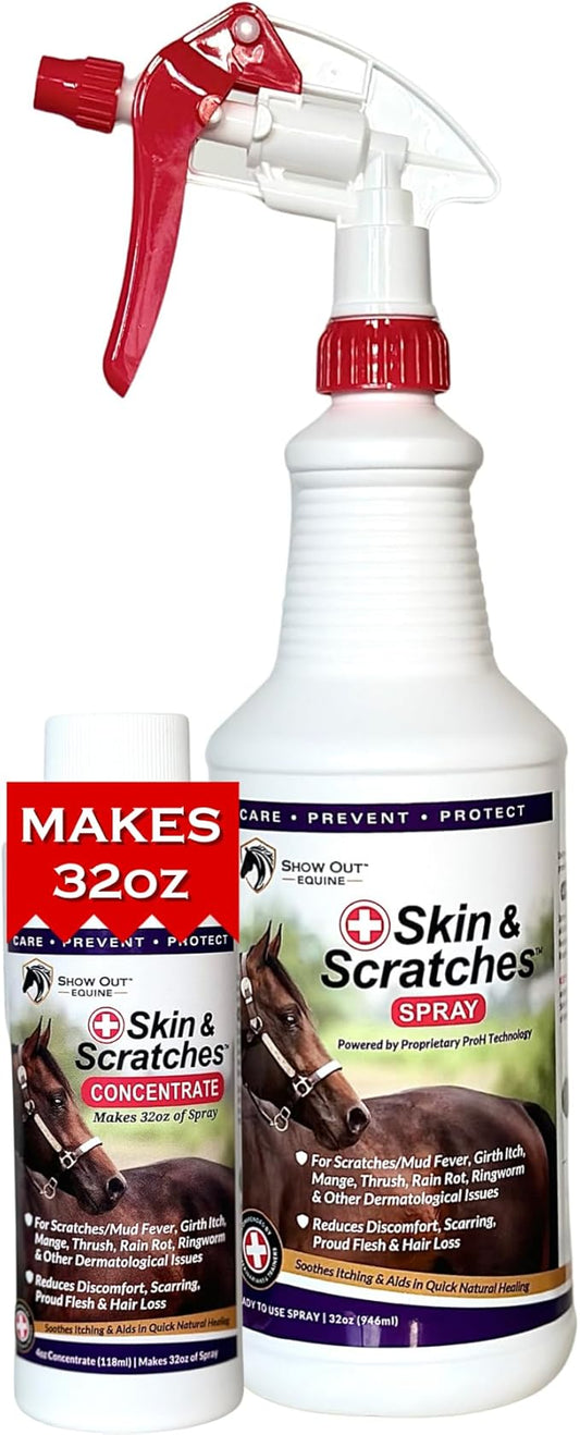 Show Out Skin & Scratches 4 oz Concentrate - Fast Relief and Prevention for Horse Care. Use on Equine Scratches/Mud Fever, Girth Itch, Mange, Thrush, Rain Rot, Ringworm, etc w/Empty Spray Bottle