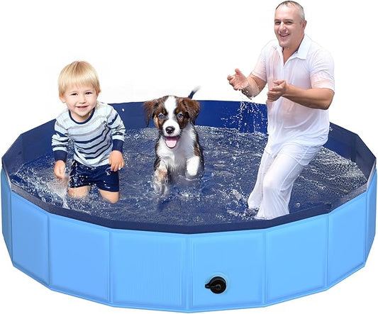 71" x 12" Foldable Dog Pool - Collapsible Hard Plastic Kiddie Pool for Dogs & Kids, Non-Slip Pet Bath Tub for Outdoor Backyard Use, Lightweight & Portable (Blue)