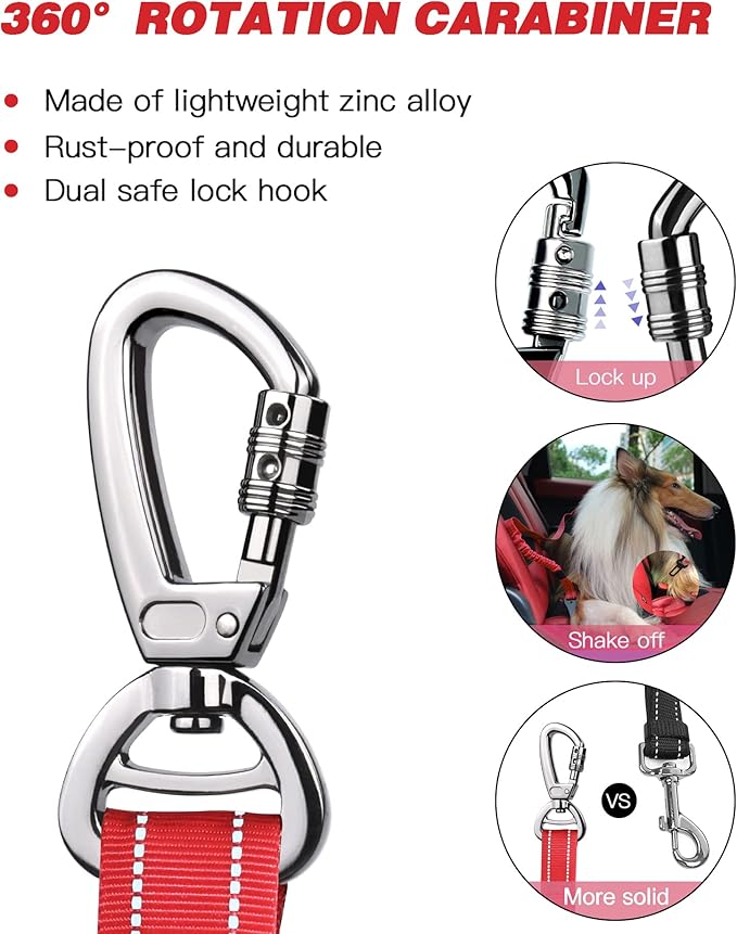 AUBELL Dog Seat Belt for Car,Updated 3-in-1 Adjustable Reflective Bungee Heavy Duty Dog Car Harness Tether with Clip Hook Latch & Buckle,Swivel Zinc Alloy Carabiner,Red