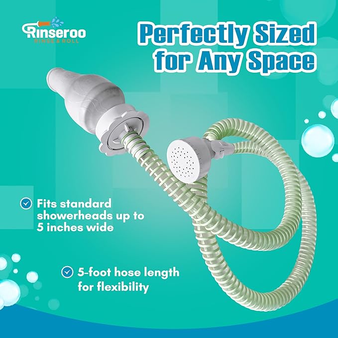 NEW Rinseroo: 5ft Slip-On Handheld Shower Attachment Hose w/Spray Head- Removable Extension Arm- Converts Fixed Shower Head into Handheld Bather. Portable, No-Install Shower Hose Wand for Seniors, RV.