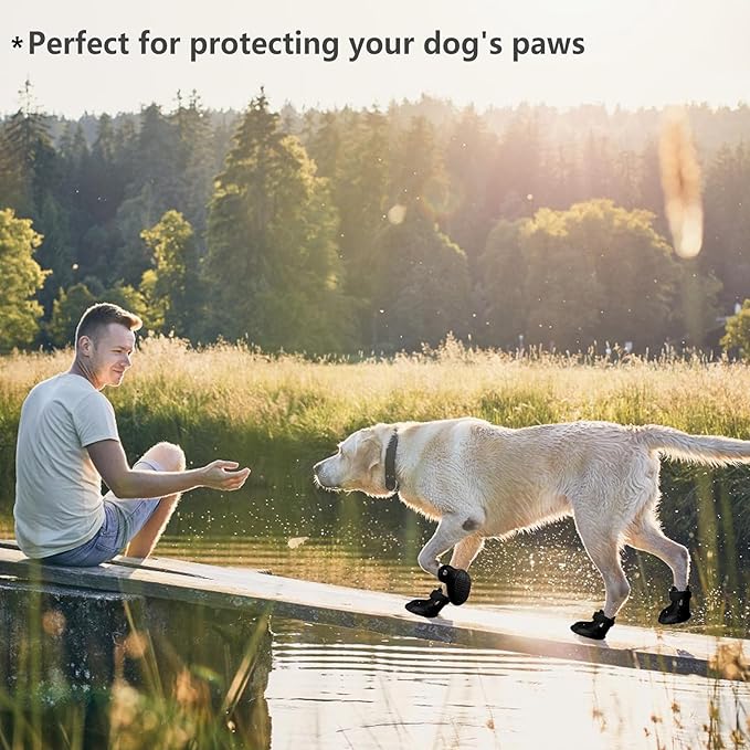 Dog Shoes, Dog Sandals for Hot Pavement, Non-Slip Waterproof Dog Booties for Winter Snowy Day and Summer, Adjustable Straps Easy-Clean Beach Outdoor Pet Boots Rugged Sole-4Pcs Black