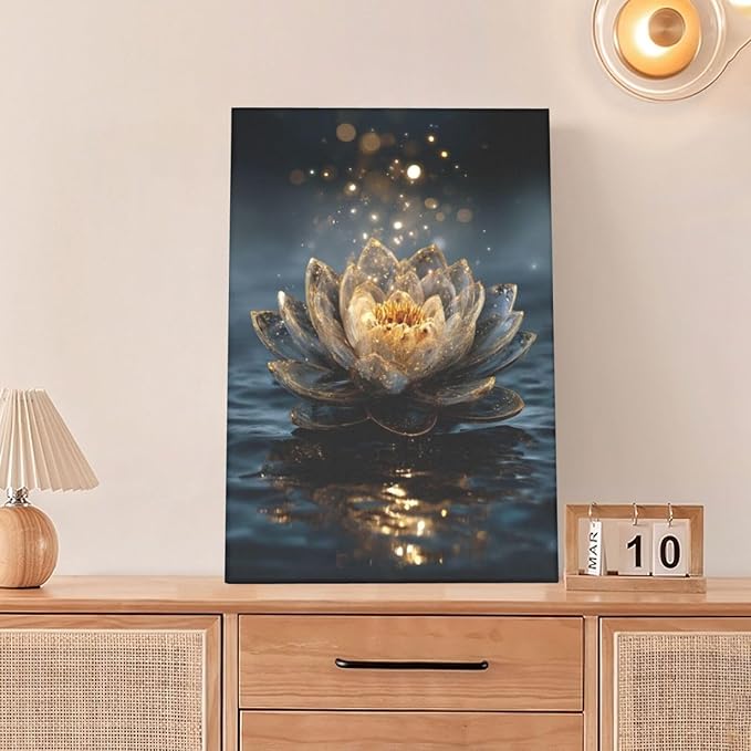 Zen Lotus Canvas Wall Art Mystical Lotus Bloom in Water Aesthetic Pictures Wall Decor Modern Meditation Spiritual Painting Print Framed Artwork Decorations Gifts for Yoga Spa Room Bathroom 16"x24"