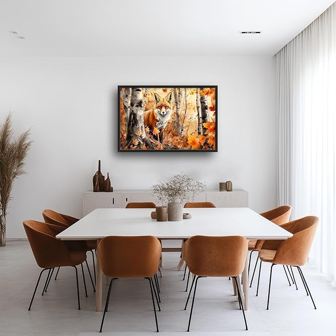 Large Fox Wall Art for Living Room, Framed Oversized Fall Autumn Forest Wall Decor Tree Maple Leaves Canvas Painting Modern Artwork for Living Room Bathroom Bedroom Office Dining Room 36"x24"