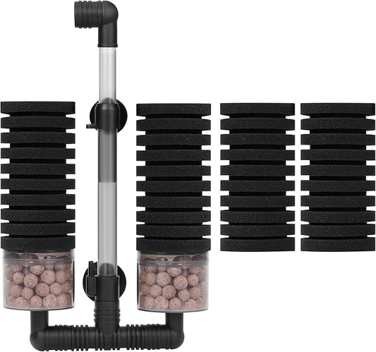 AQUANEAT Aquarium Air Powered Sponge Filter with Ceramic Media Balls, for Betta Fry Shrimp Fish Tank, with 2 Spare Sponges, up to 55Gal