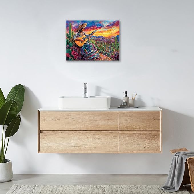Mexican Women Pictures Wall Art, Cactus Landscape Bathroom Wall Decor, Nature Scenery Aesthetics Framed Painting Desert Modern Canvas Artwork for Bathroom Bedroom Living Room Decorations 20"L x 16"W