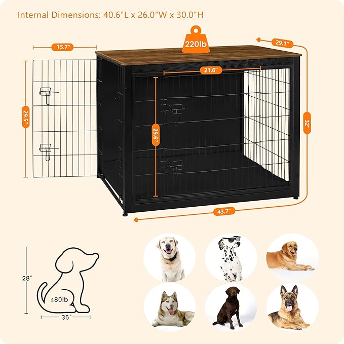 DWANTON Dog Crate Furniture with Cushion, Wooden Kennel Table with Double Doors, Indoor Dog House, Extra Large Size, 43.3" L, Black+Warm Brown